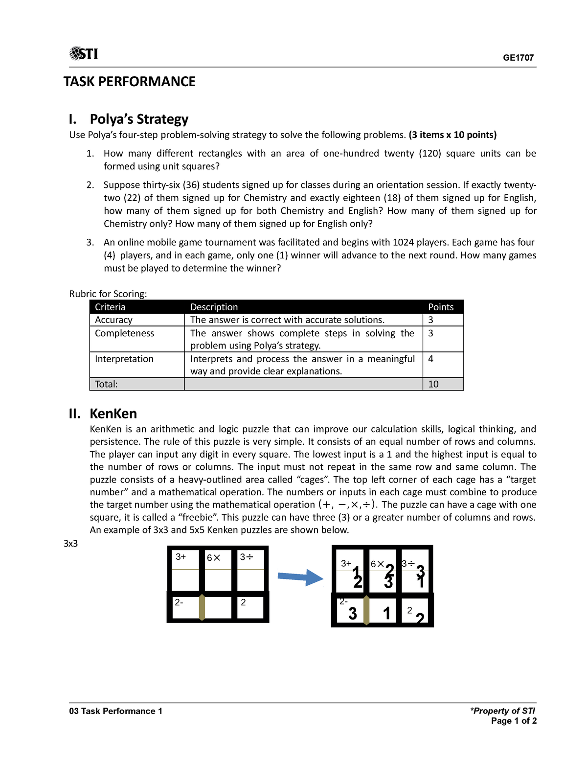 03 Task Performance 1 - TASK PERFORMANCE I. Polya’s Strategy Use Polya ...