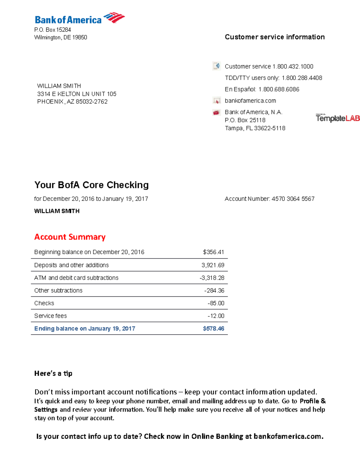 Bank of America Bank Statement Template Lab - P. Box 15284 Wilmington ...