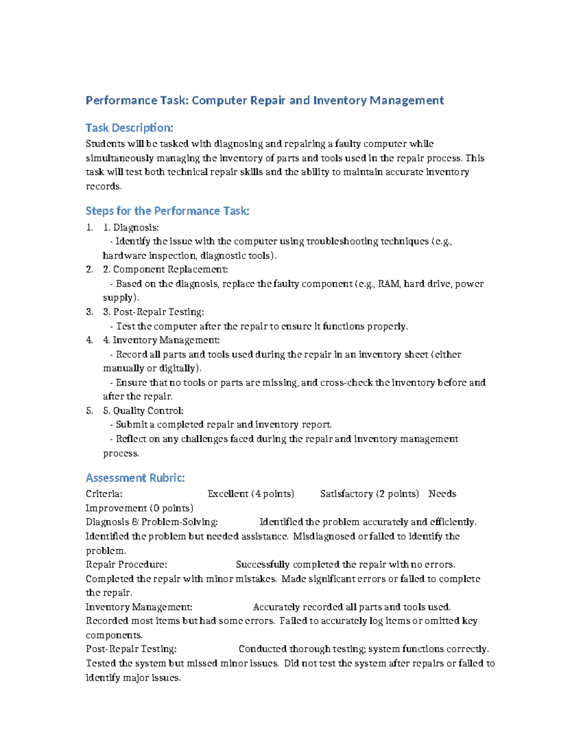 Performance Task Computer Repair Inventory Management - Performance ...