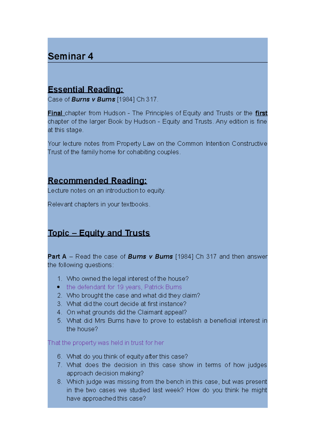 Seminar 4 equity and trust law Burns v Burns and other general