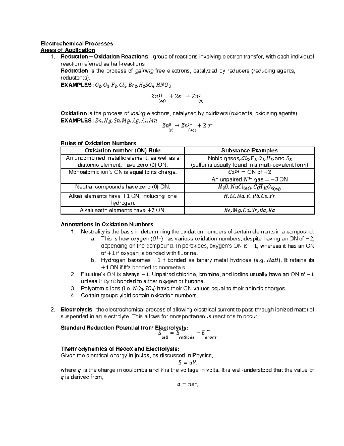 Energy - Electrochemical Processes Areas of Application 1. Reduction ...