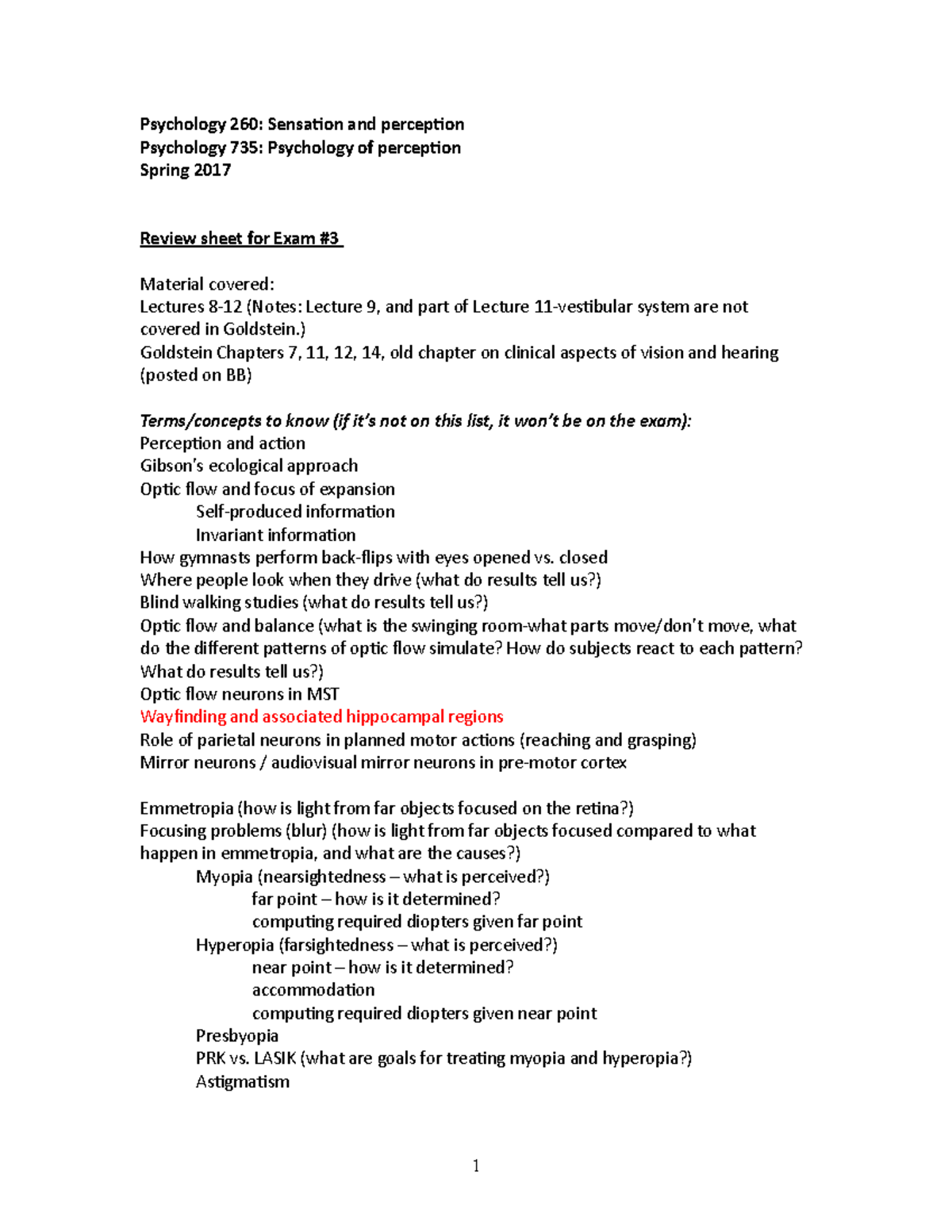 Review for exam 3 2017-2 - Psychology 260: Sensation and perception ...