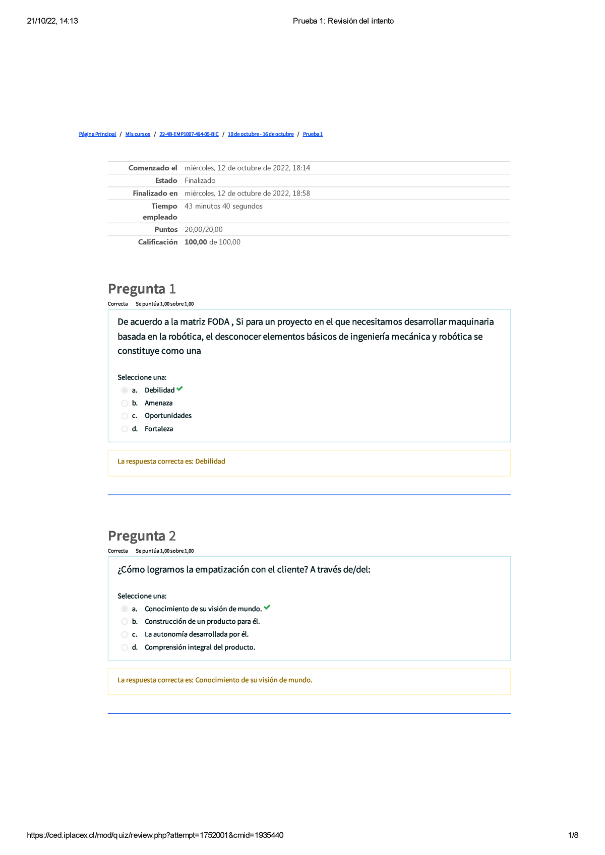 Prueba 1 Emprendimiento - Página Principal / Mis Cursos / 22-4B-EMP1007 ...