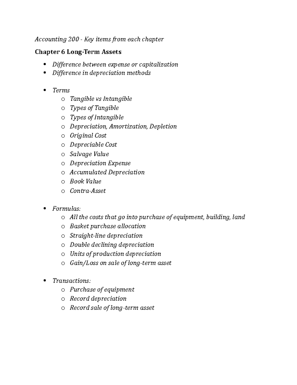 Chapter 6, 7 and 9 Overview - Accounting 200 - Key items from each ...
