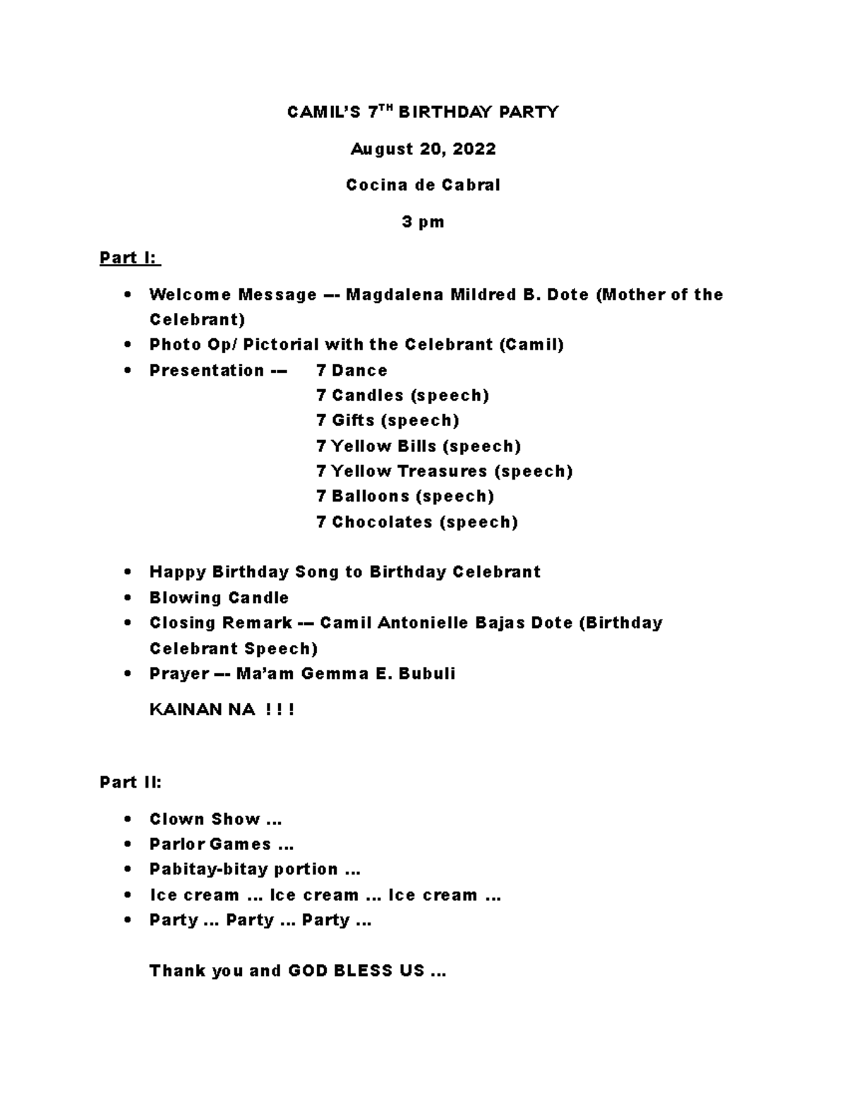 Sample Programme For 7th Birthday Party