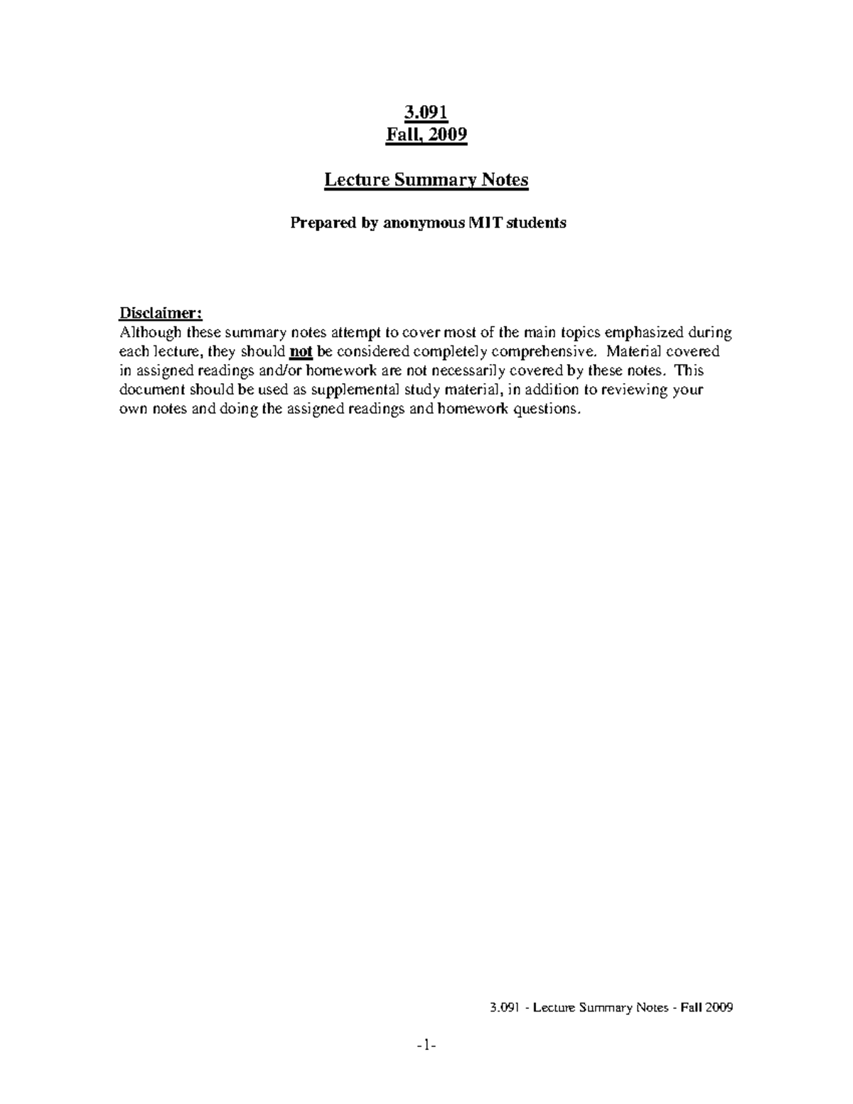 summary of chapters - 3. Fall, 2009 Lecture Summary Notes Prepared by ...