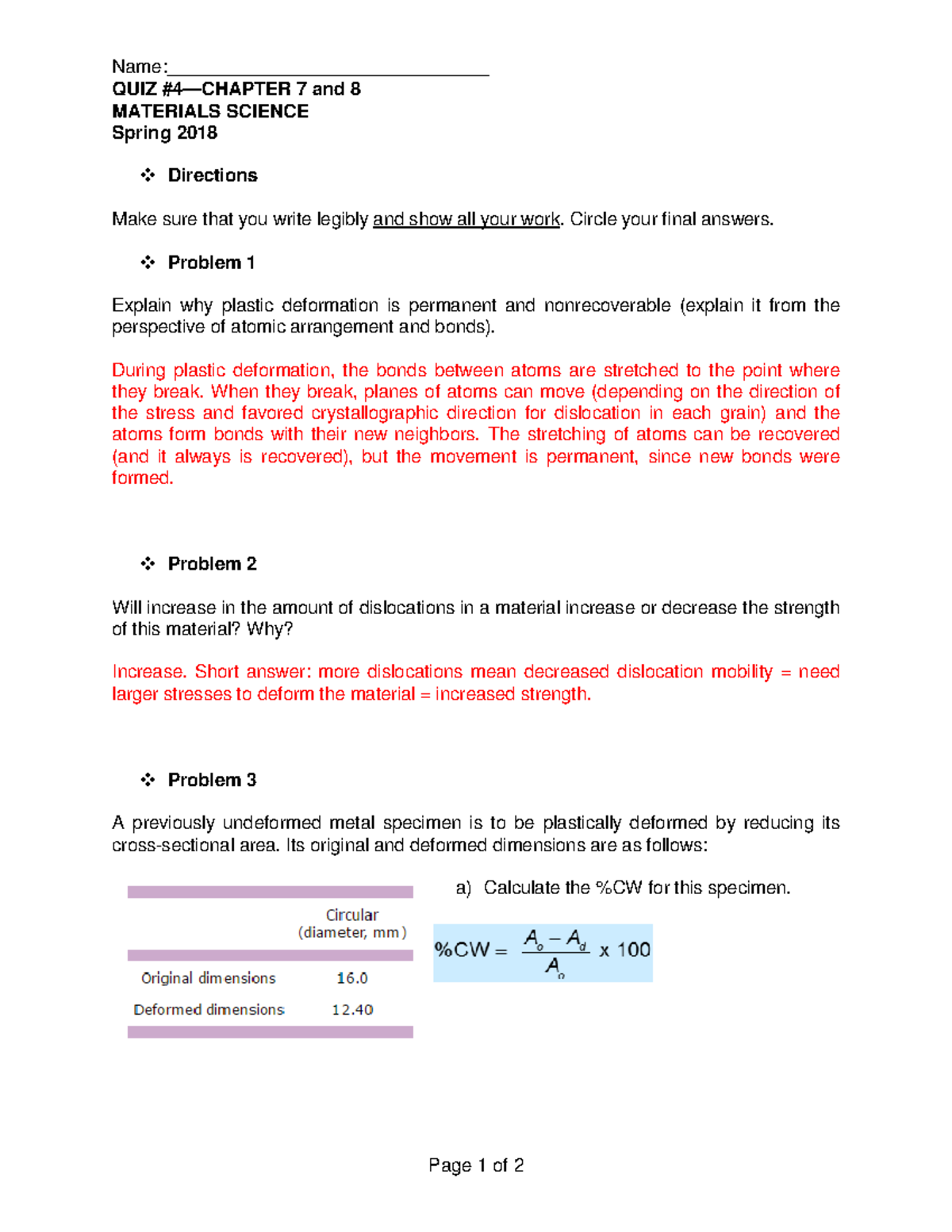 Spring 2018 Materials Science Quiz 4 Chapter 7 and 8 Solution Name