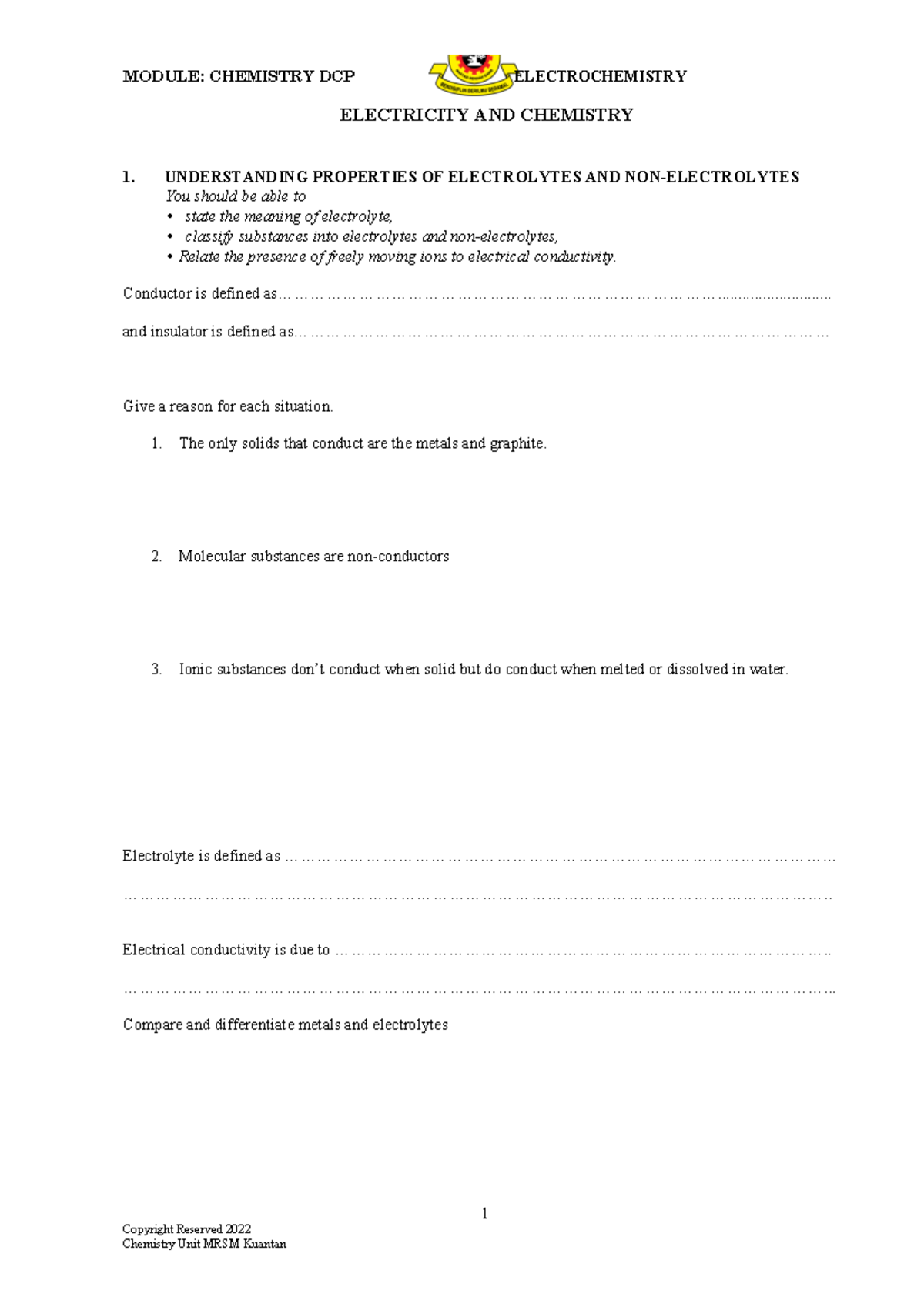 1 Electrochemistry Igcse student 1 Copyright Reserved 2022