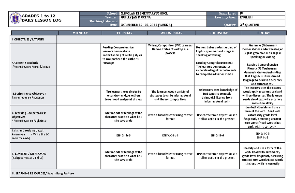 DLL English 4 Q2 W3 - HELL - GRADES 1 to 12 DAILY LESSON LOG School ...