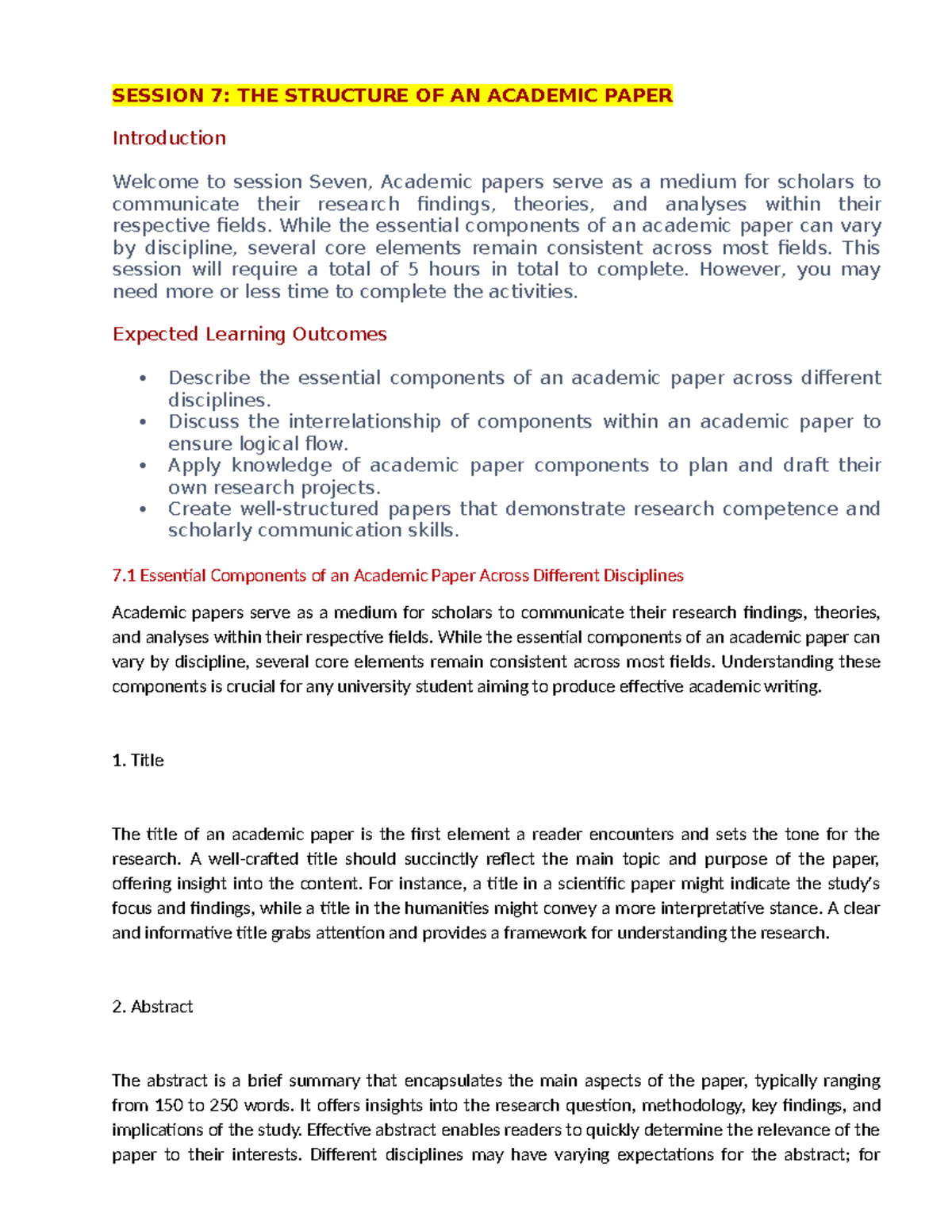 Session 7 - Structure of an academic paper - SESSION 7: THE STRUCTURE ...