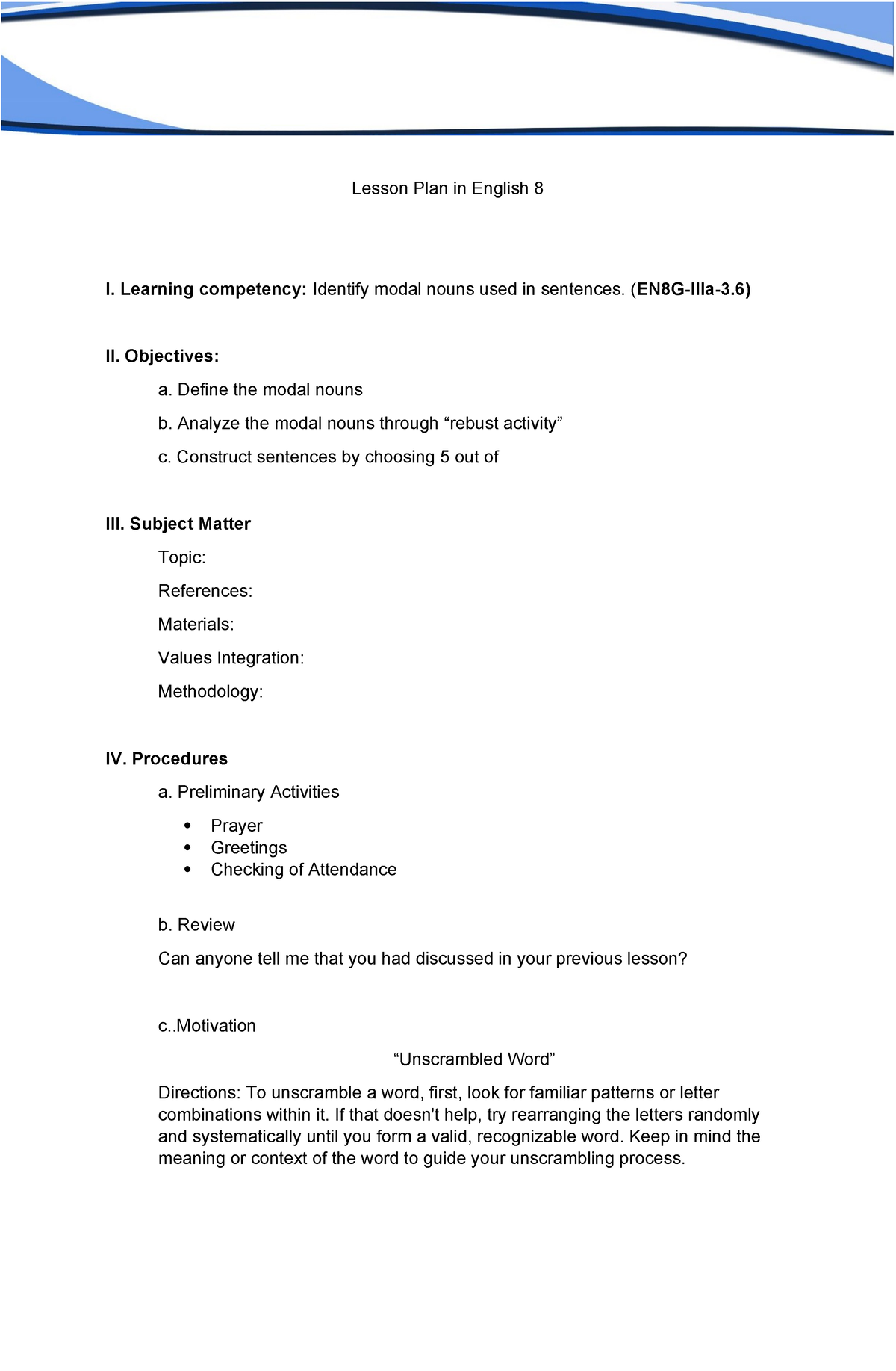 LP-Identify modal nouns used in sentences - Lesson Plan in English 8 I ...