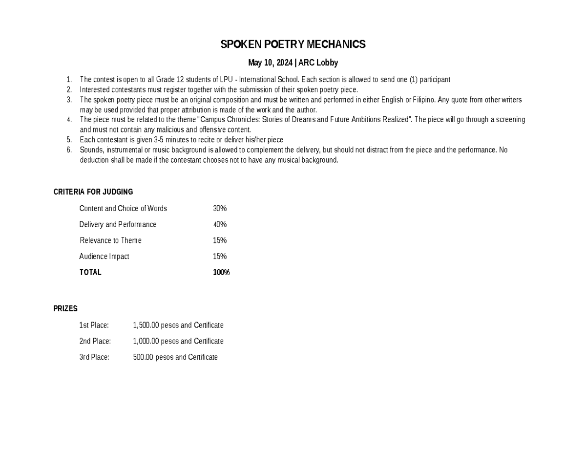 Criteria and Scoresheet for Contest - SPOKEN POETRY MECHANICS May 10 ...