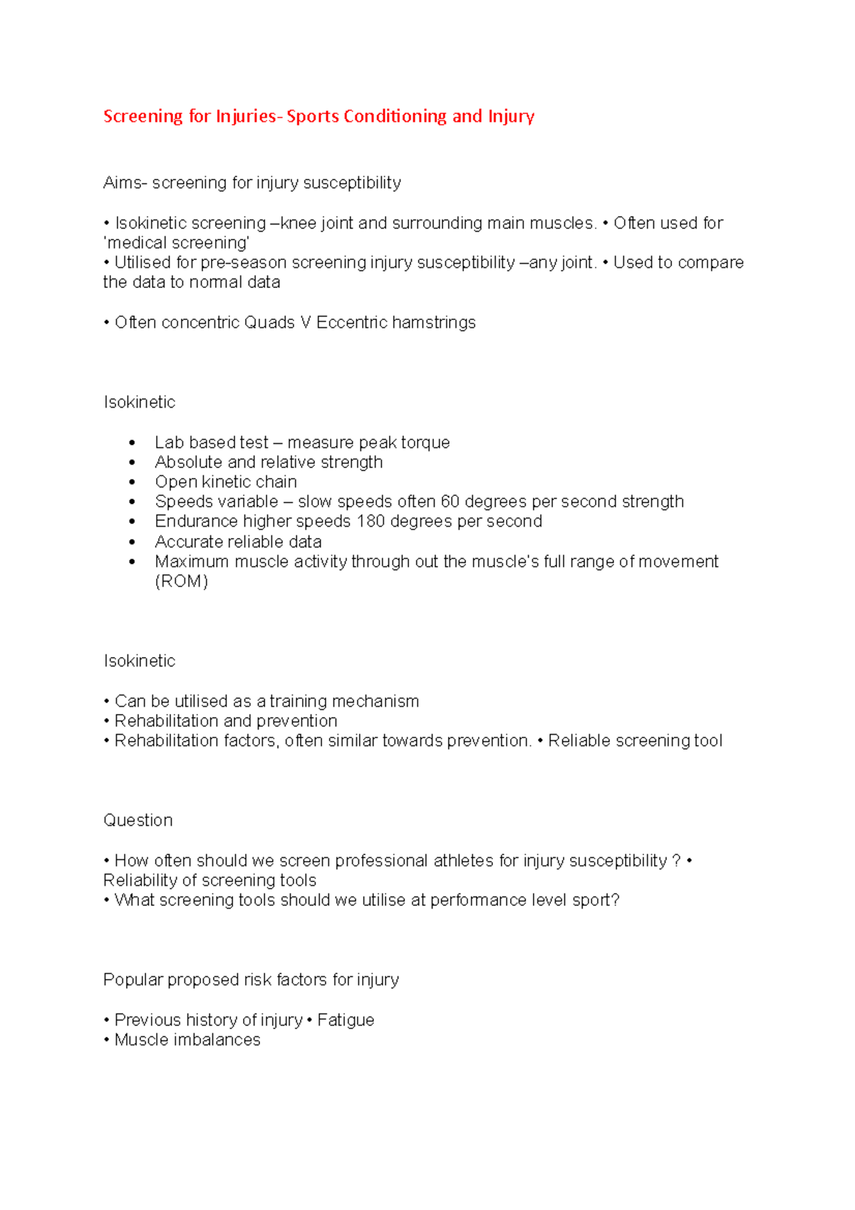 Screening For Injury- SCI - Screening for Injuries- Sports Conditioning ...