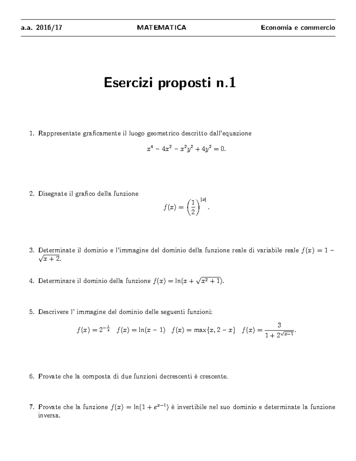 Matematica -Esercizi Per L'esame 18/19 - A. 2016/17 MATEMATICA Economia ...