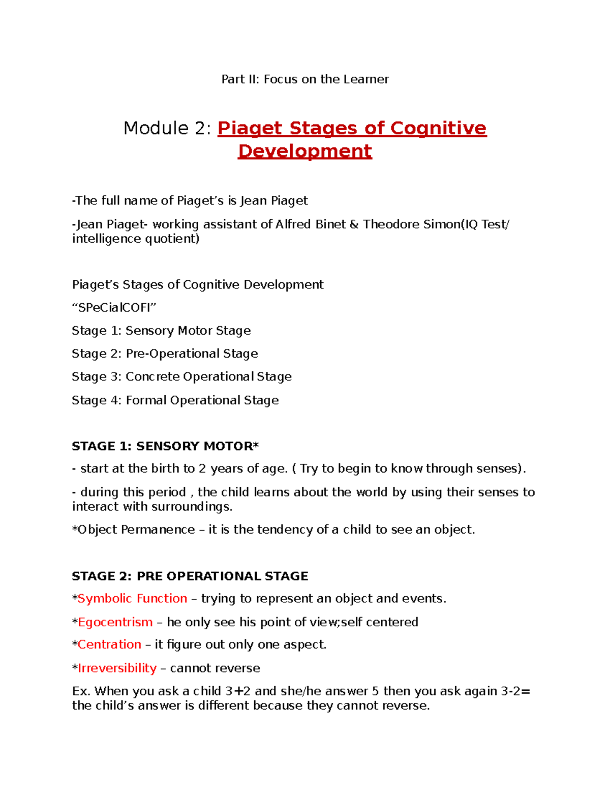 Piaget Stages of Cognitive Development - Part II: Focus on the Learner ...