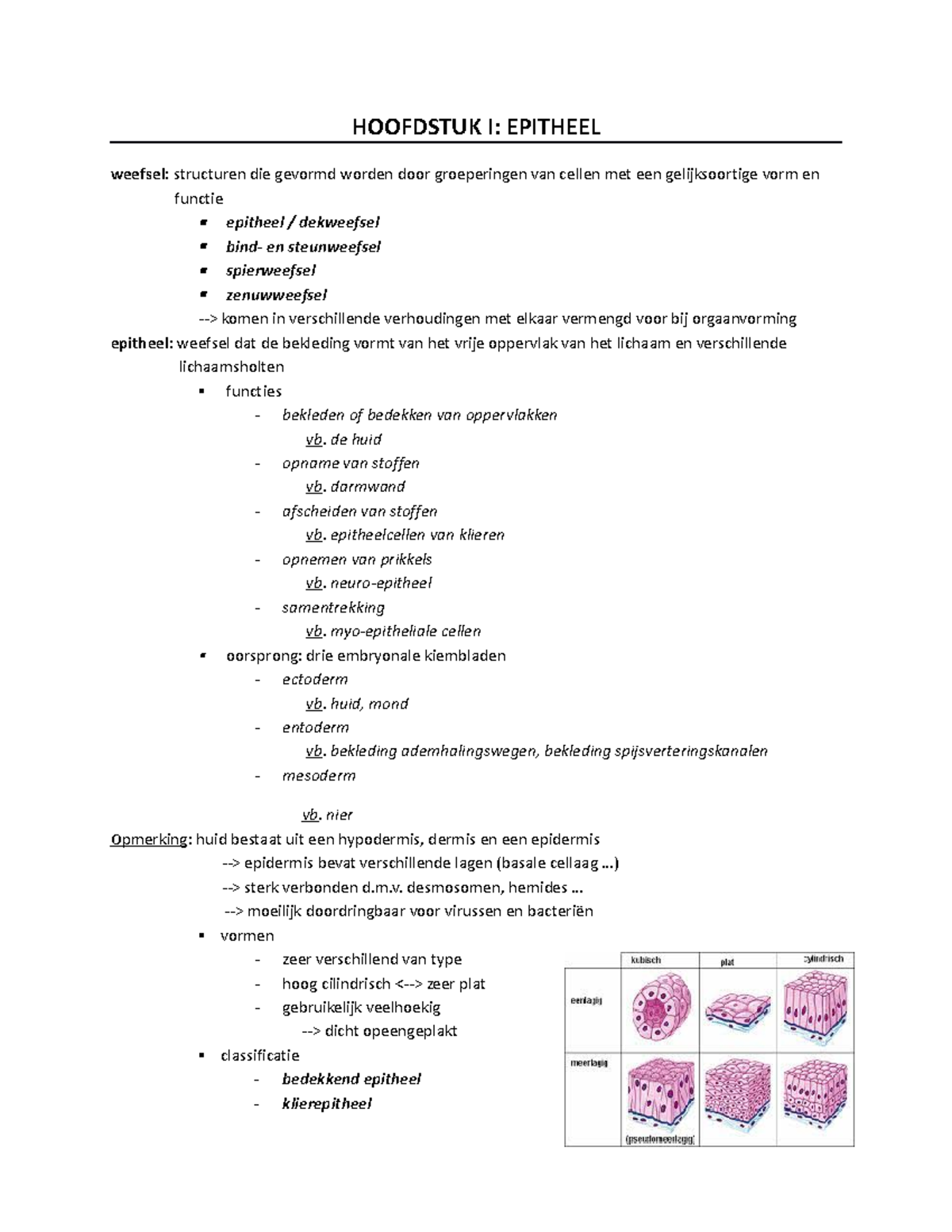 Histologie-2020-2021 - HOOFDSTUK I: EPITHEEL Weefsel: Structuren Die ...