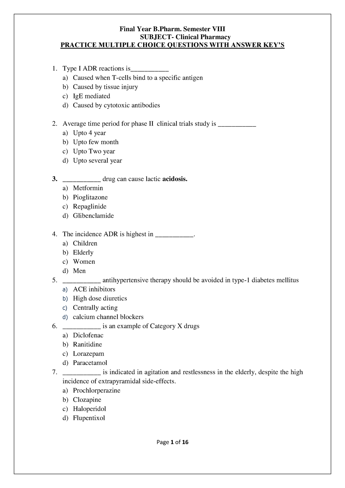 Practice MCQs FOR Bpharm SEM VIII Online EXAM 19 20 Clinical Pharmacy ...