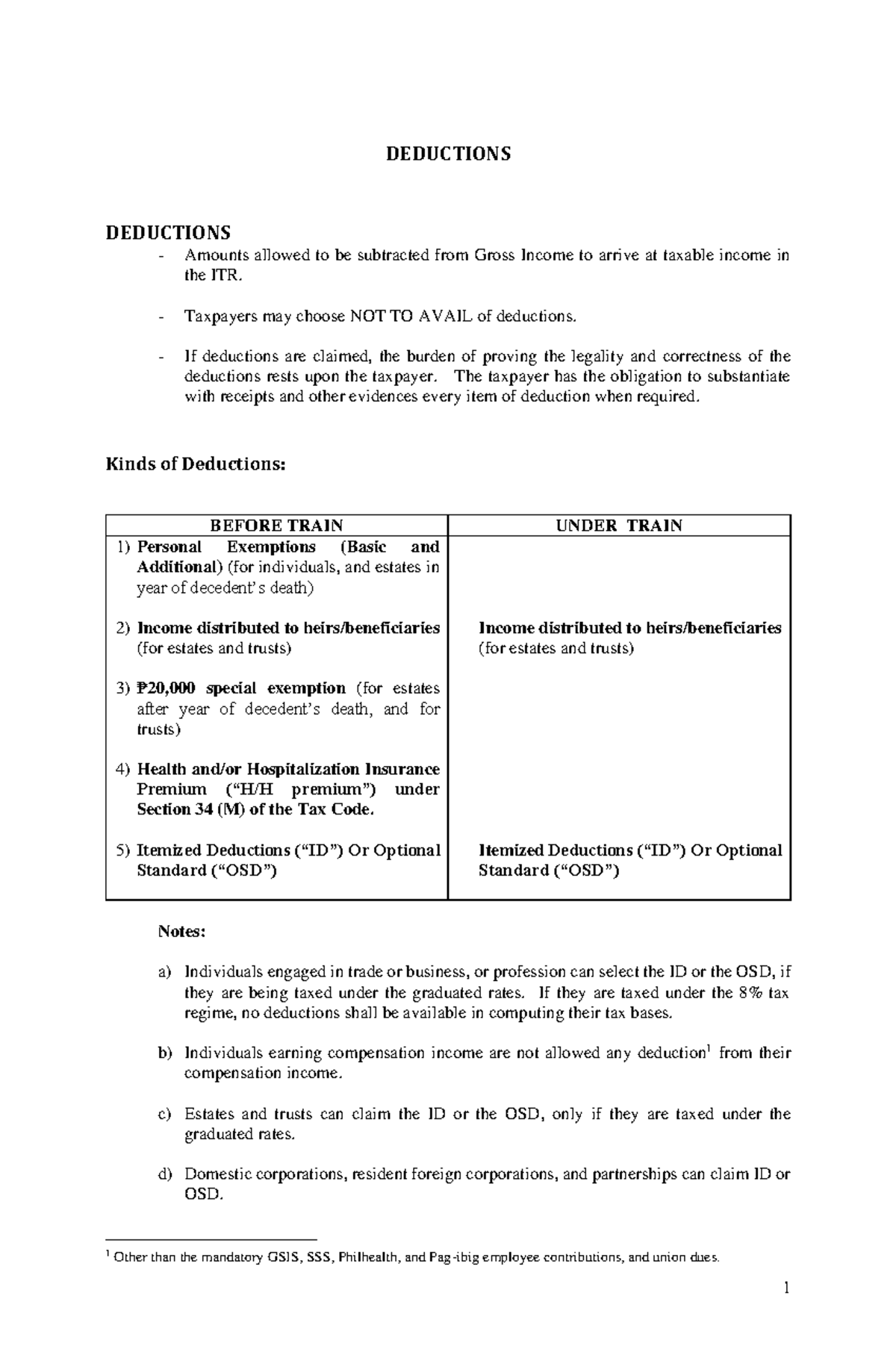Deductions Handout - DEDUCTIONS By: Atty. C. Llamado DEDUCTIONS Amounts ...