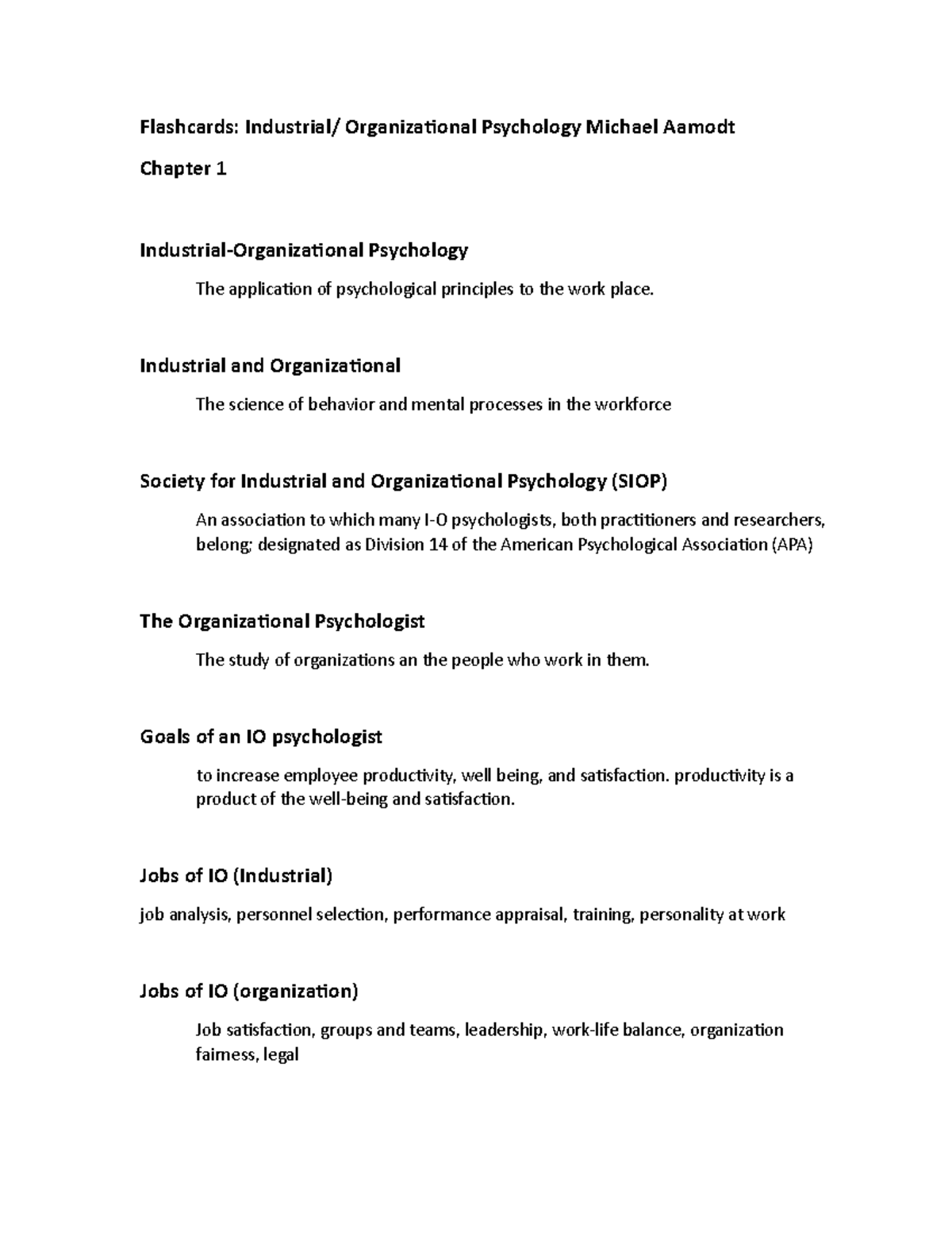 Industrial Organizational Psychology Chapter 1 Flashcards
