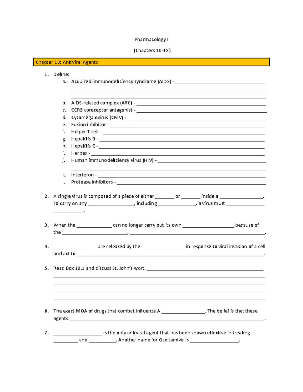 Pharmacology I - Worksheets for chpts on Exam 2 - Pharmacology I ...