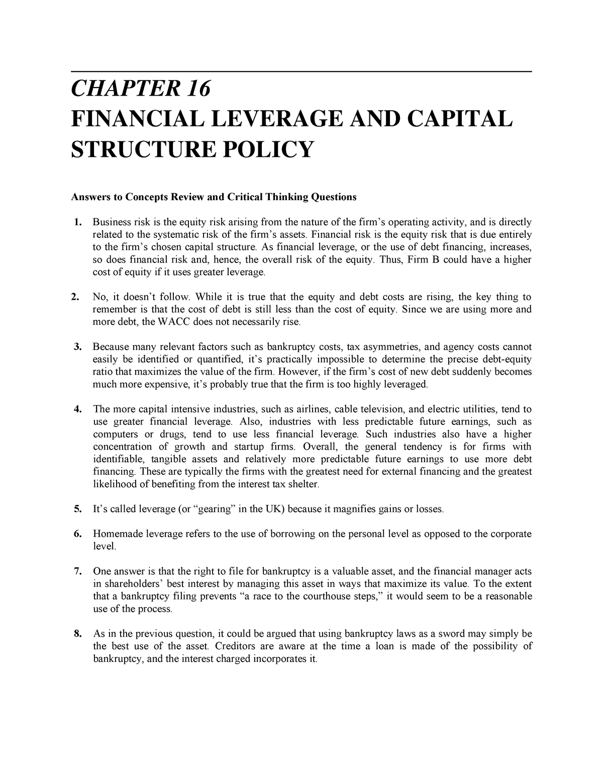 financial leverage refers to which of the following
