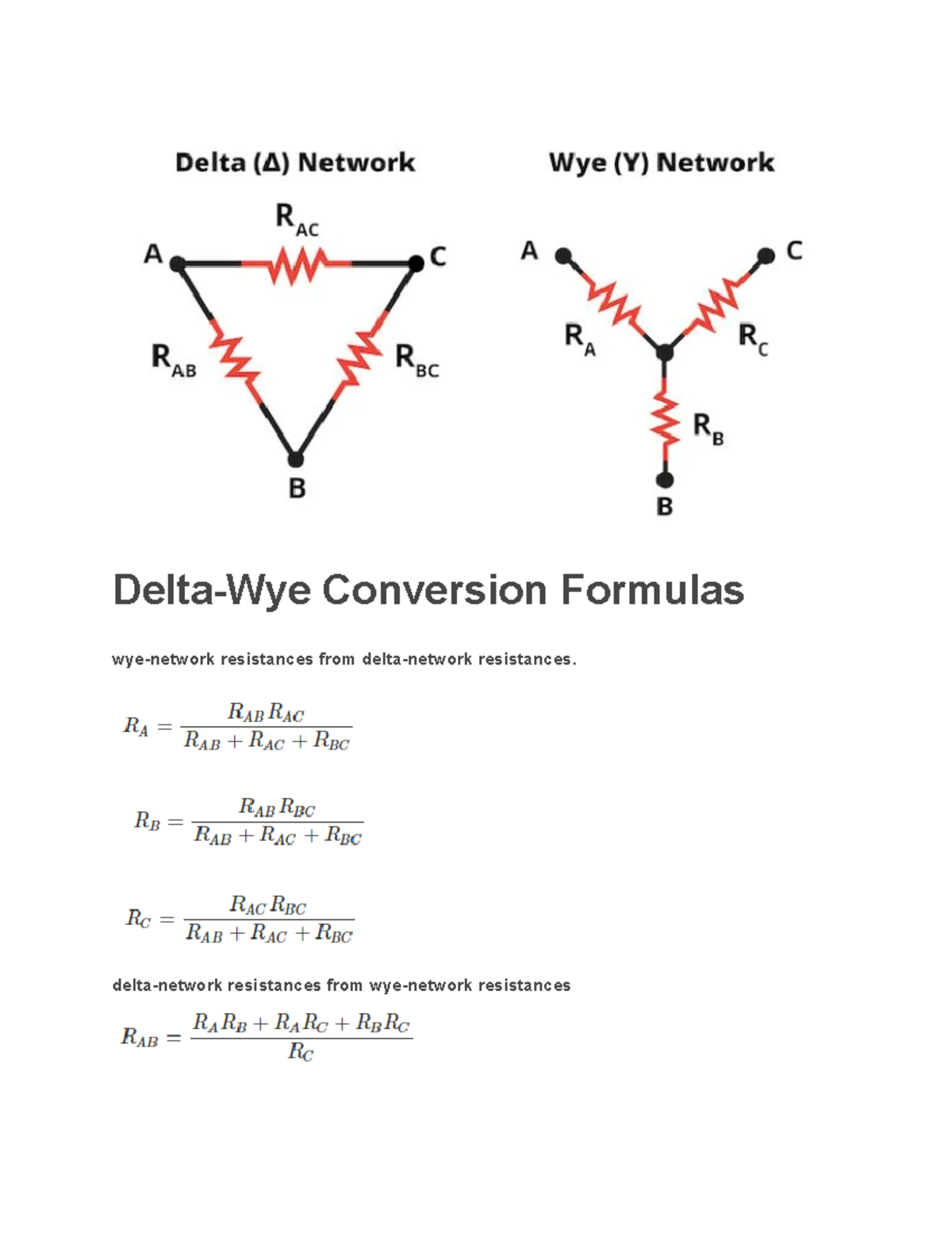 Delta and Wye DeltaWye Conversion Formulas resistances