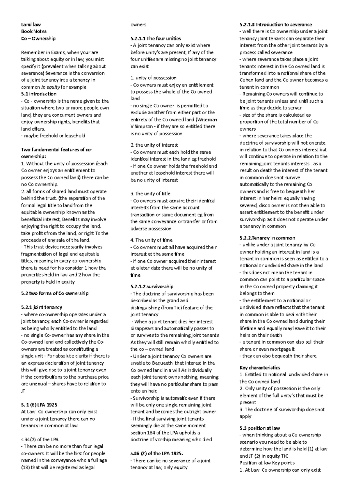 5. Co - ownership - Lecture notes 1-30 - Land law Book Notes Co ...