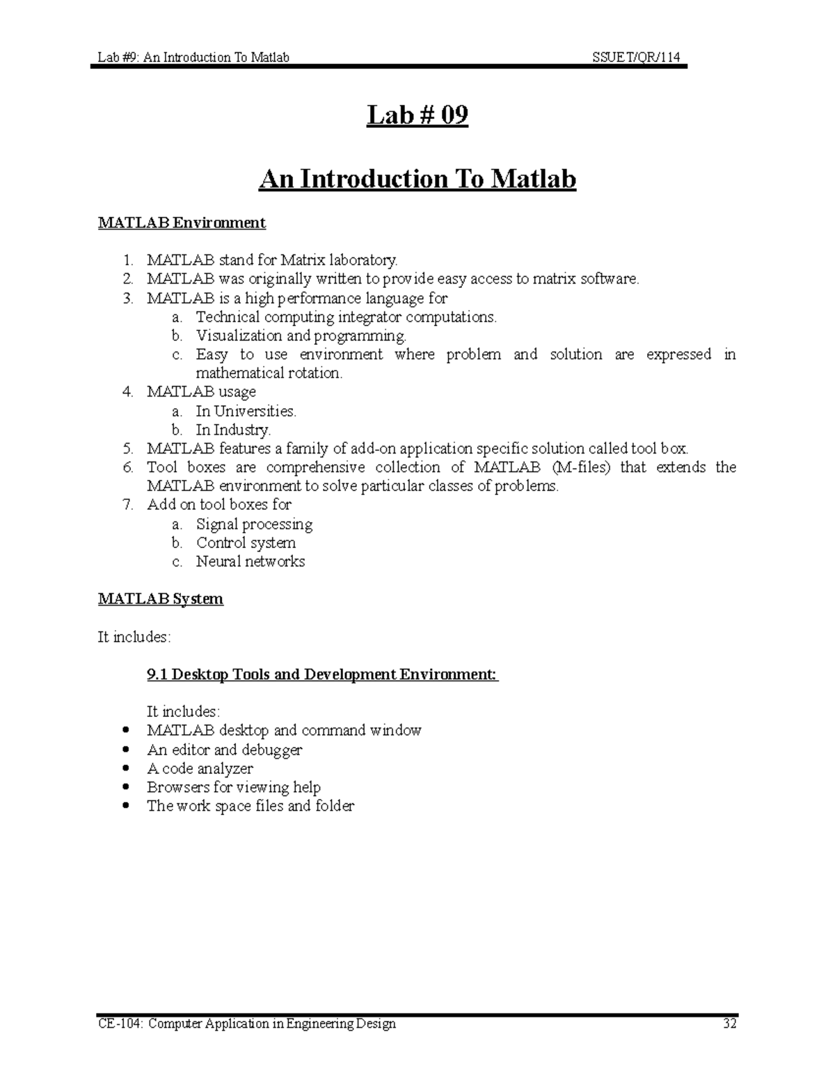 Lab9 - LAB9 - Lab # 09 An Introduction To Matlab MATLAB Environment ...