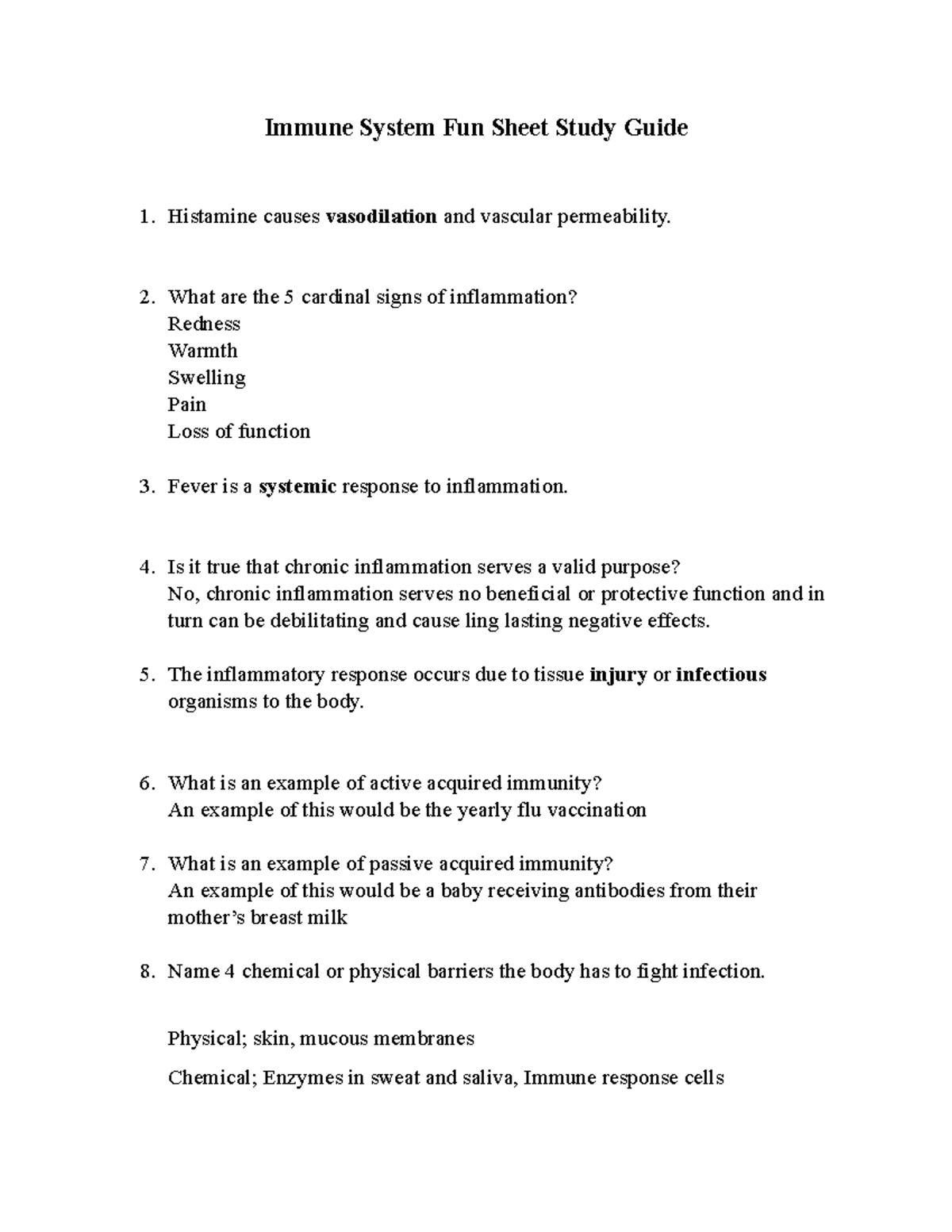 Immune Fun Sheet Student Immune System Fun Sheet Study Guide