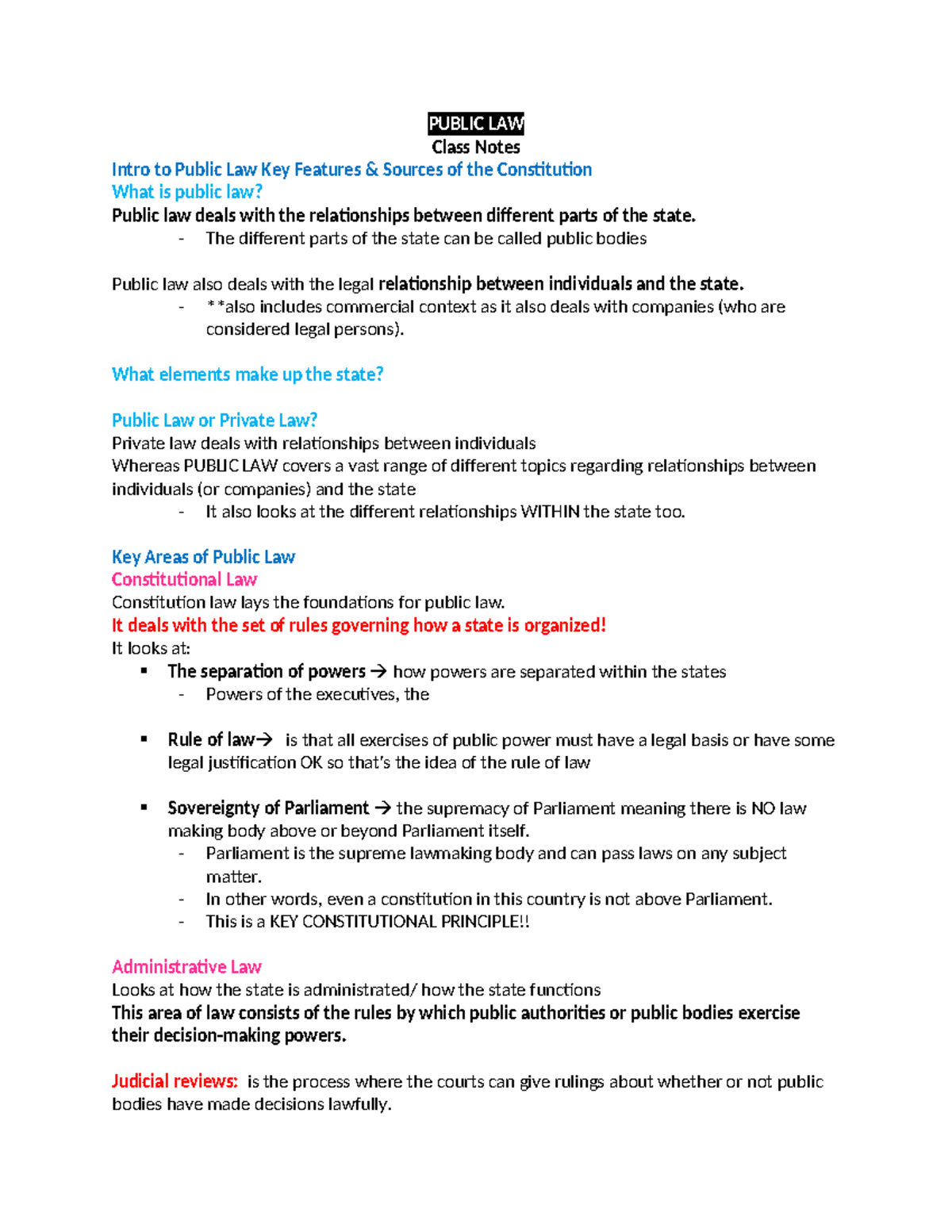 Public LAW - PUBLIC LAW Class Notes Intro to Public Law Key Features ...