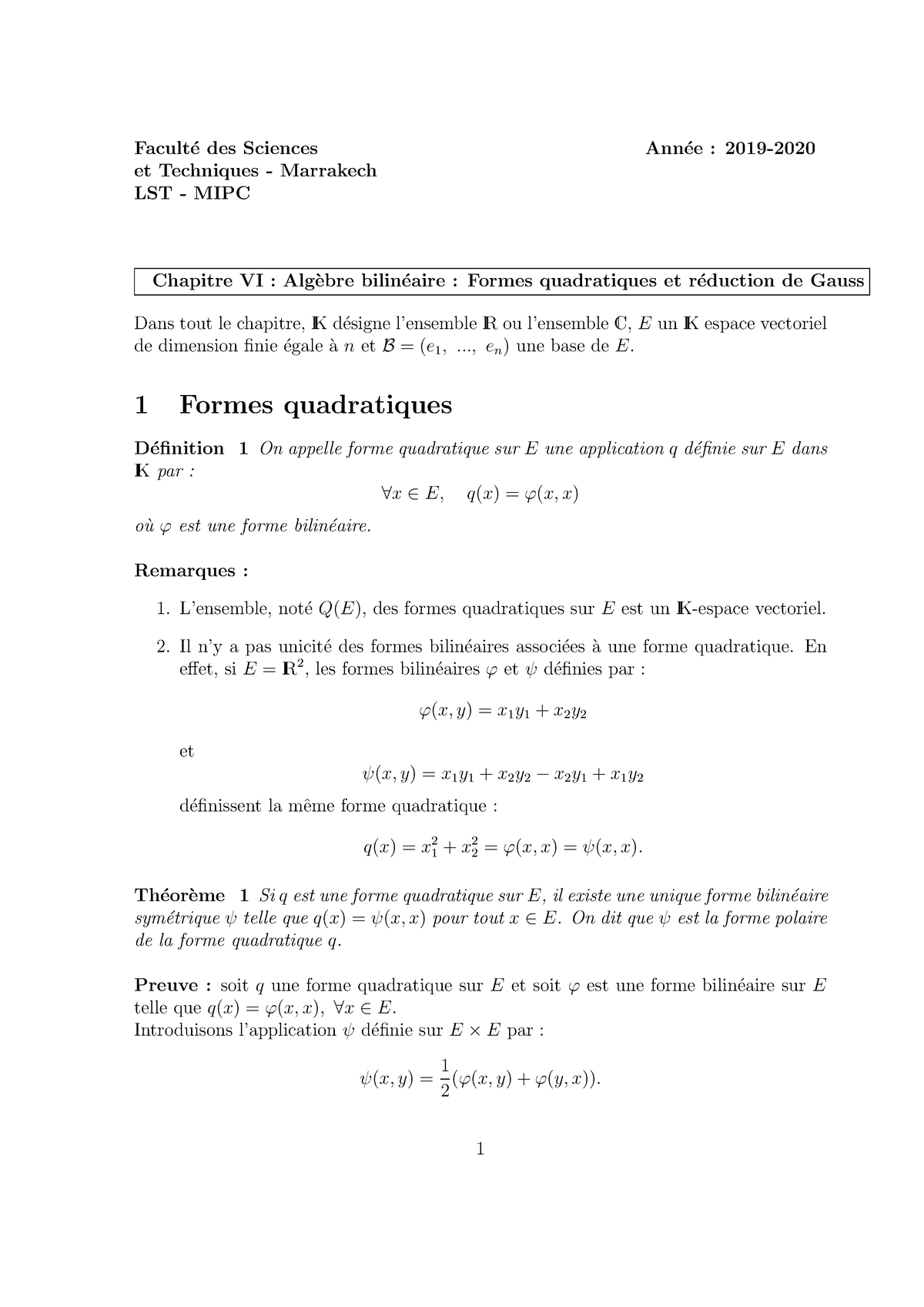 Formes-quadratiques - Cour Et Exercice - Facult ́e Des Sciences Ann ́ee ...