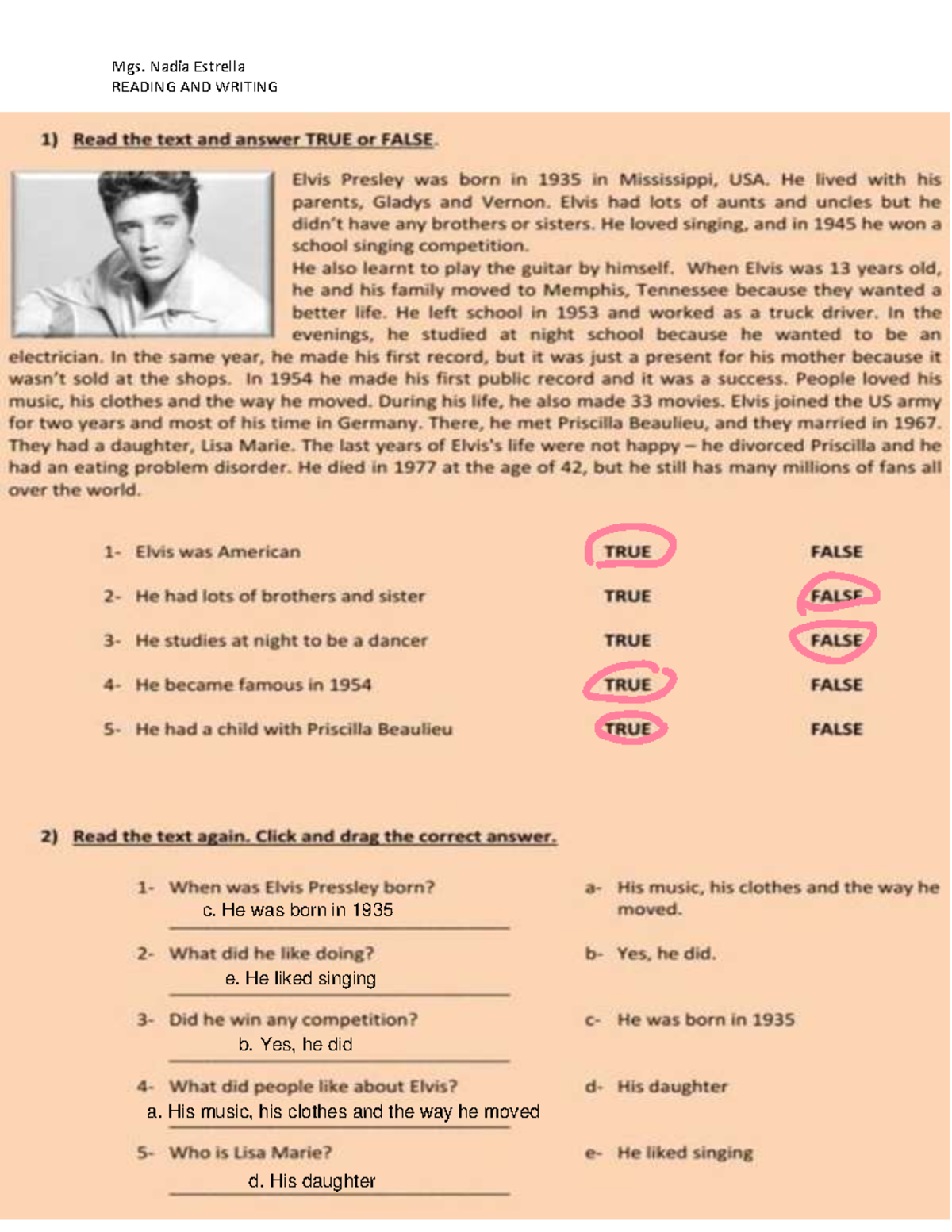 Reading AND Writing PAST VERB TO BE First TERM 2 Ingles II READING
