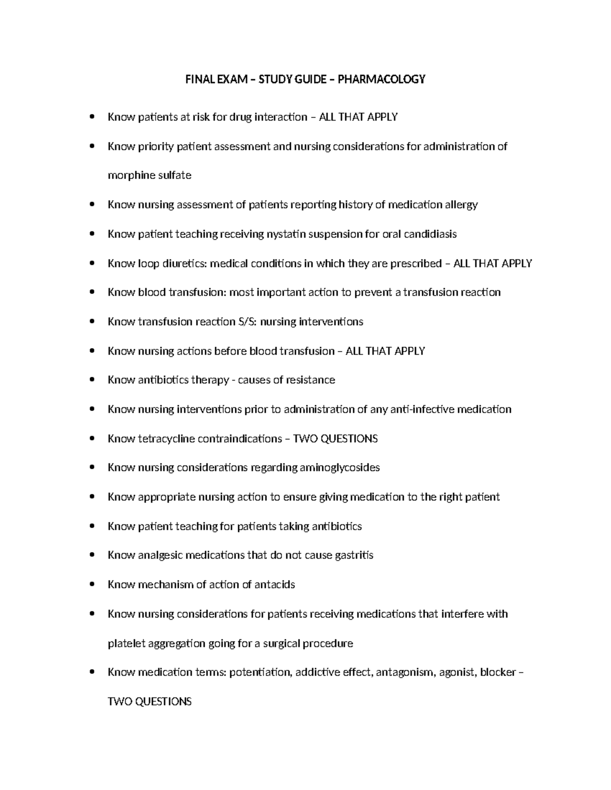 Final EXAM – Study Guide – Pharmacology - Tagged - FINAL EXAM – STUDY ...