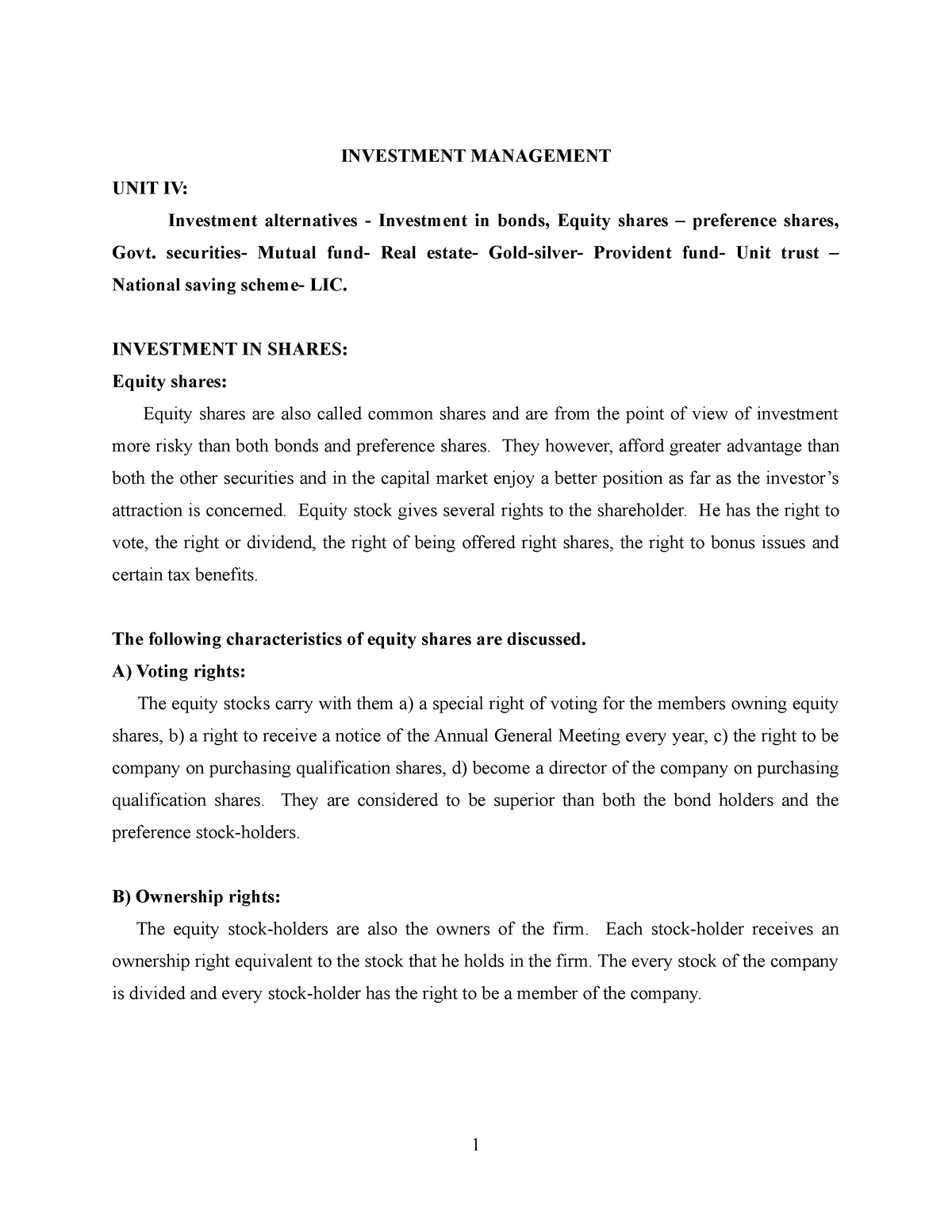 Investment Management 4 - INVESTMENT MANAGEMENT UNIT IV: Investment ...