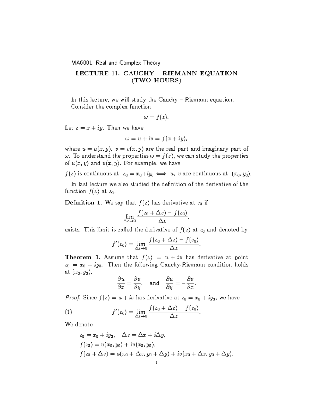 Lecture Notes 11 - Real And Complex Function Theory - MA6001, Real And ...