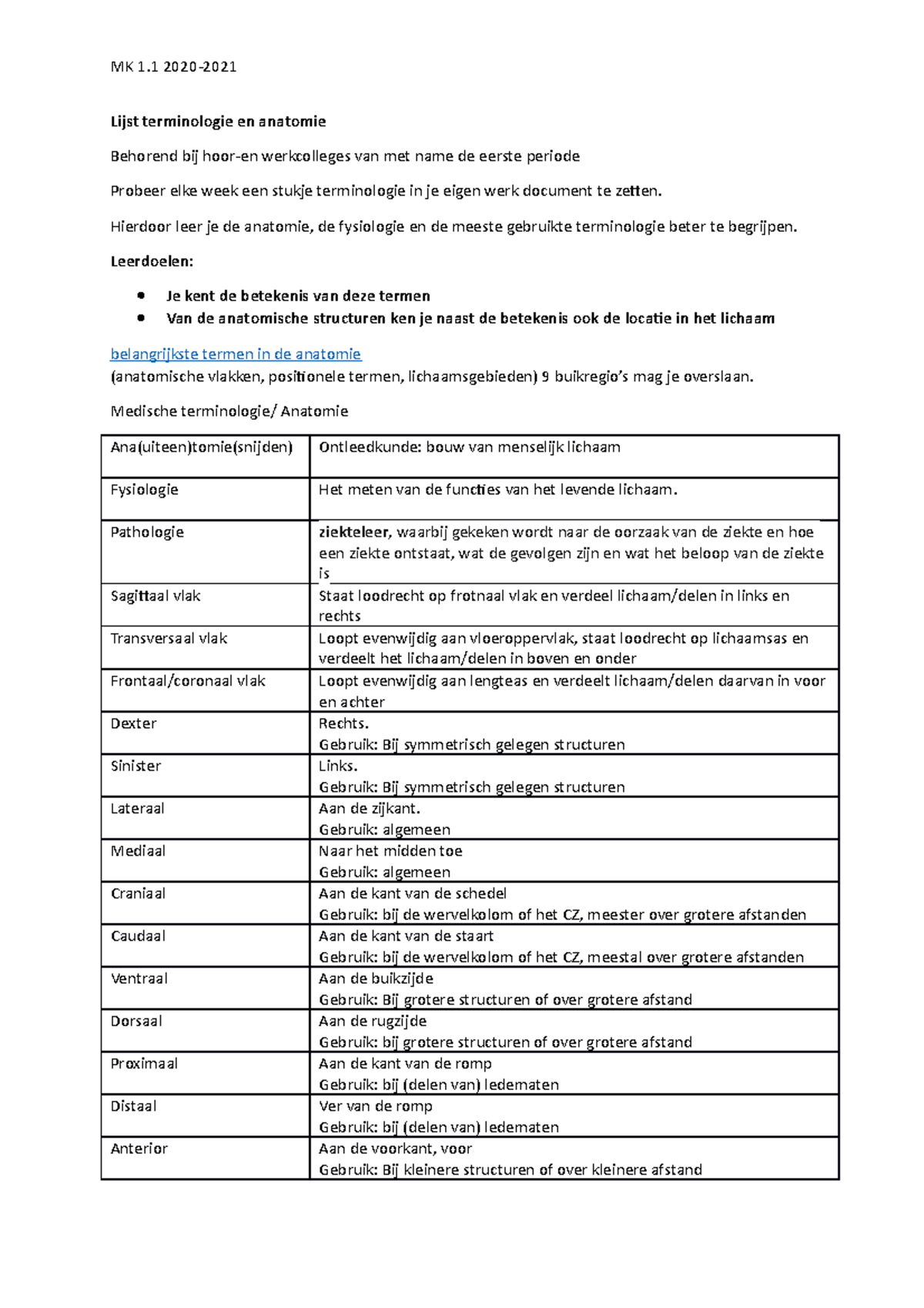 Lijst Terminologie En Anatomie Periode 1- Medische Kennisgebieden ...