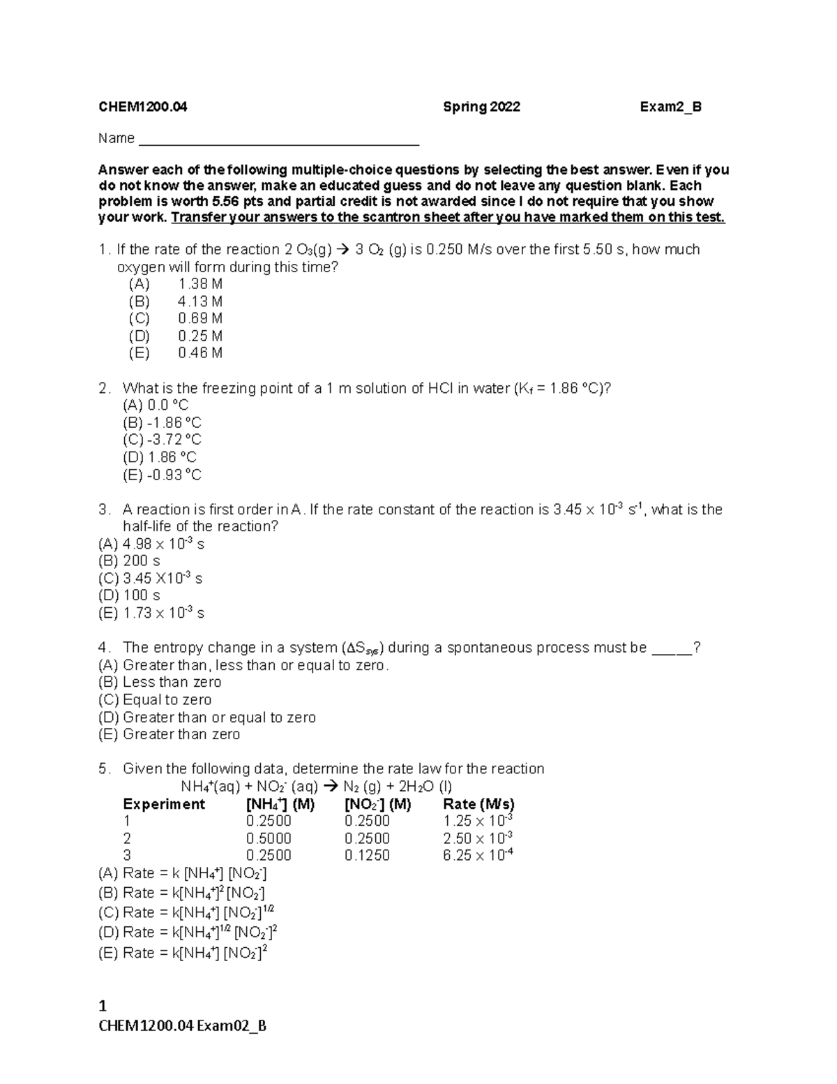 CHEM1200 S22 Exam02 B - Exam - CHEM1200 Spring 2022 Exam2_B Name - Studocu