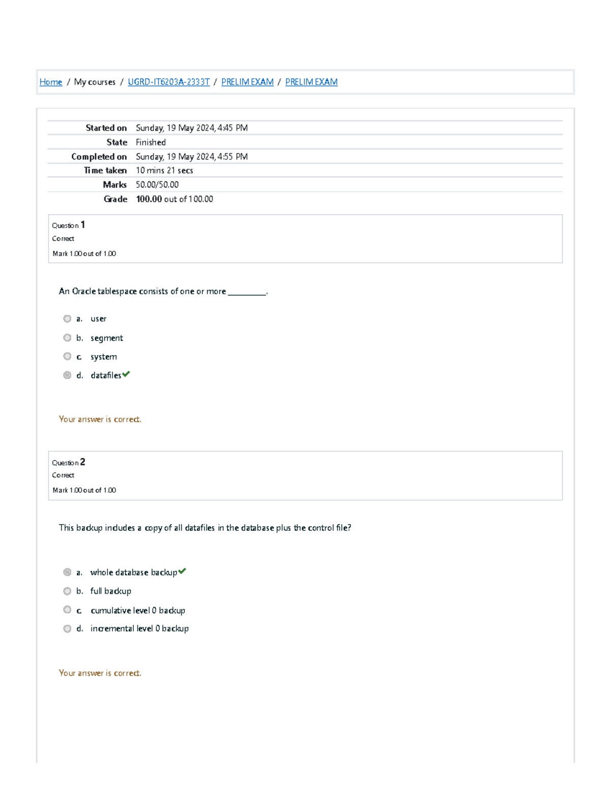 Prelim EXAM adbms - Home / My courses / UGRD-IT6203A-2333T / PRELIM ...