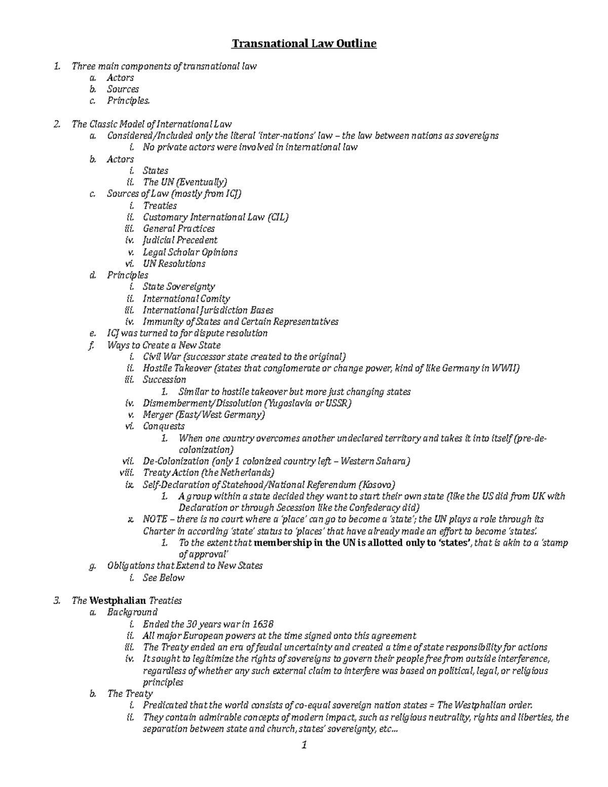 1. Transnational Law Outline - Transnational Law Outline Three Main 