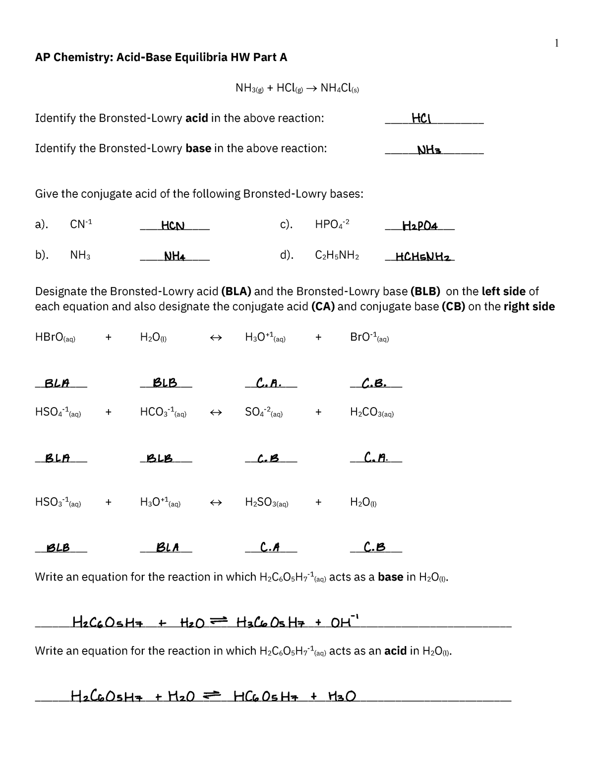 Acids and Bases HW Part A - 1 AP Chemistry: Acid-Base Equilibria HW ...