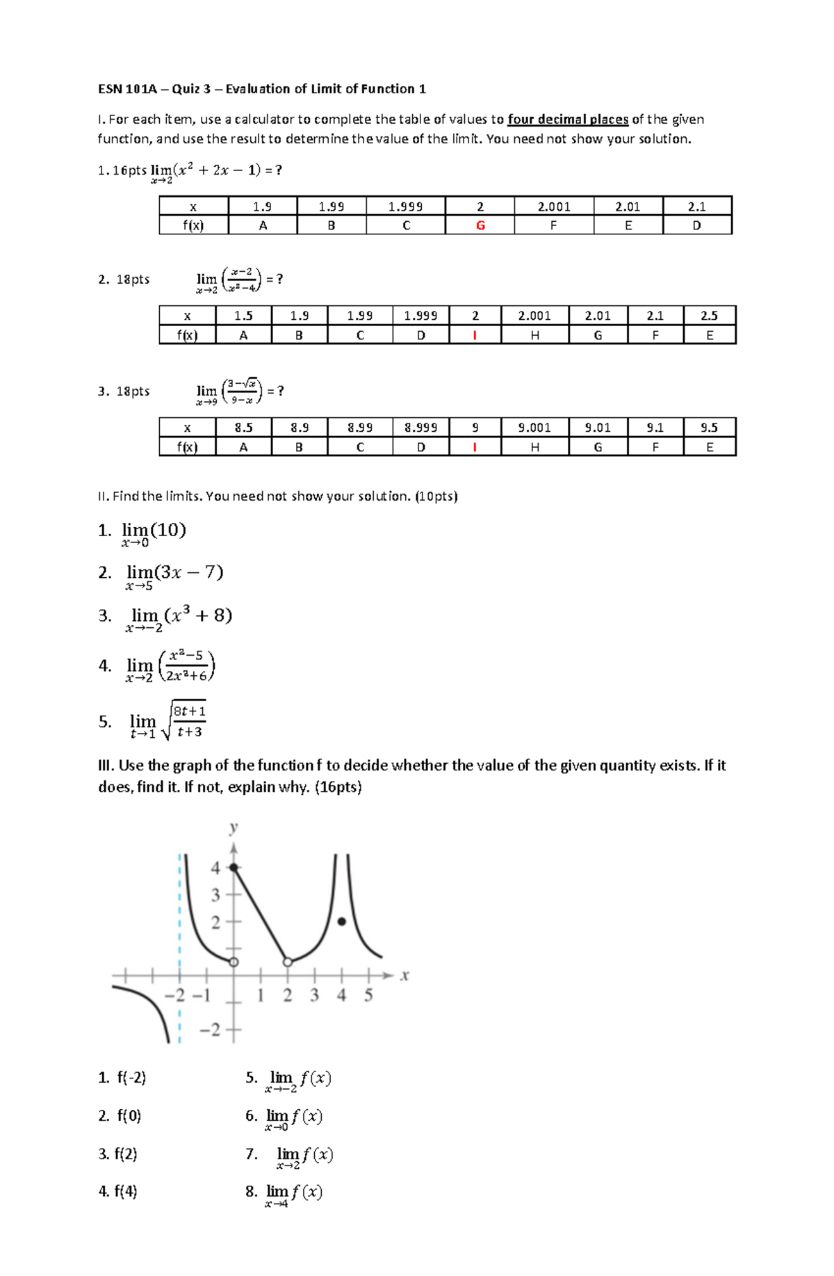 Quiz 3 - evaluation of Limit 1C - ESN 101A – Quiz 3 – Evaluation of ...