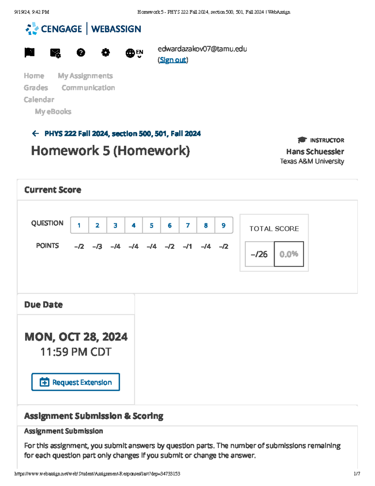 Homework 5 - PHYS 222 Fall 2024, section 500, 501, Fall 2024 Web Assign ...
