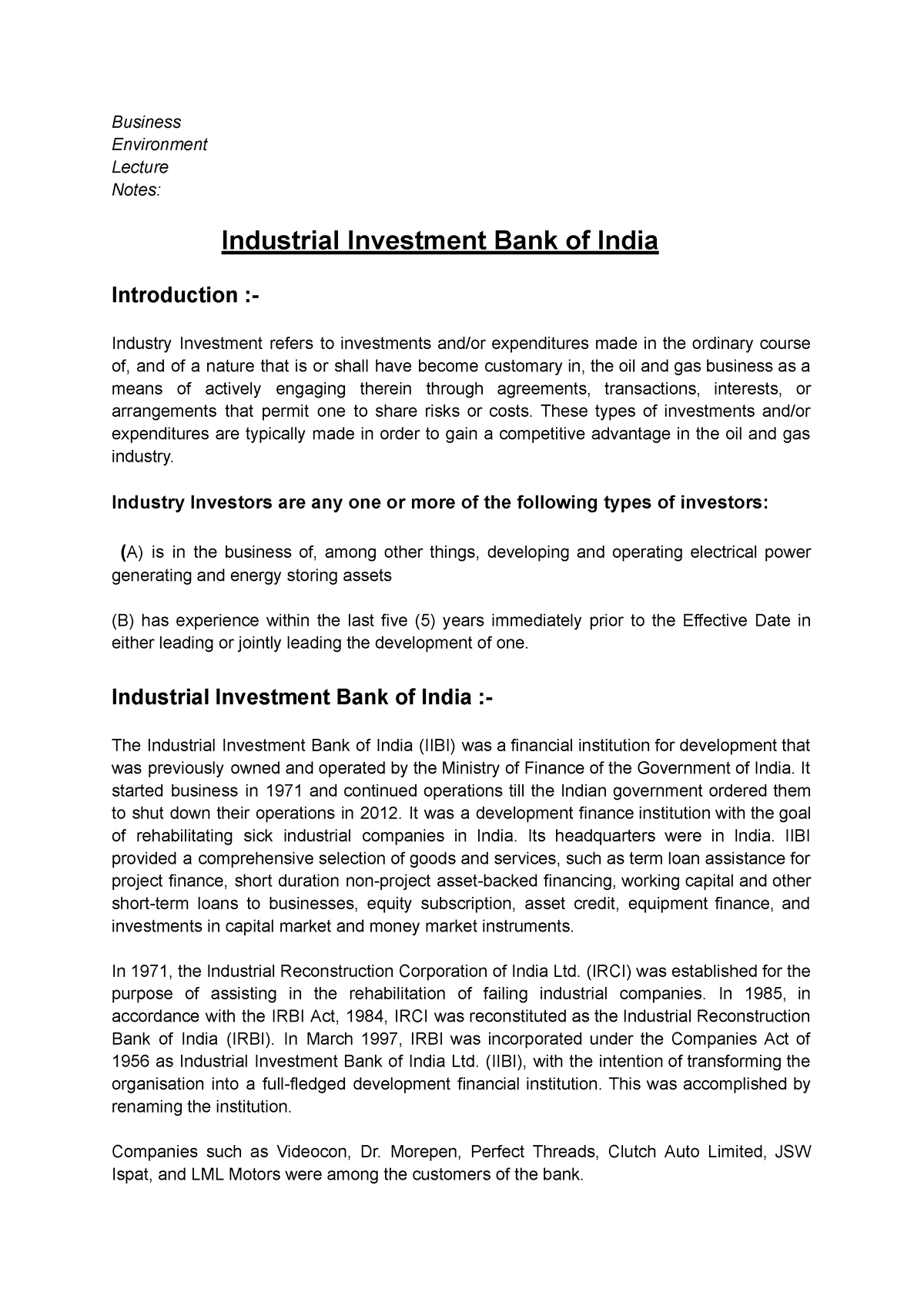 industrial investment banking