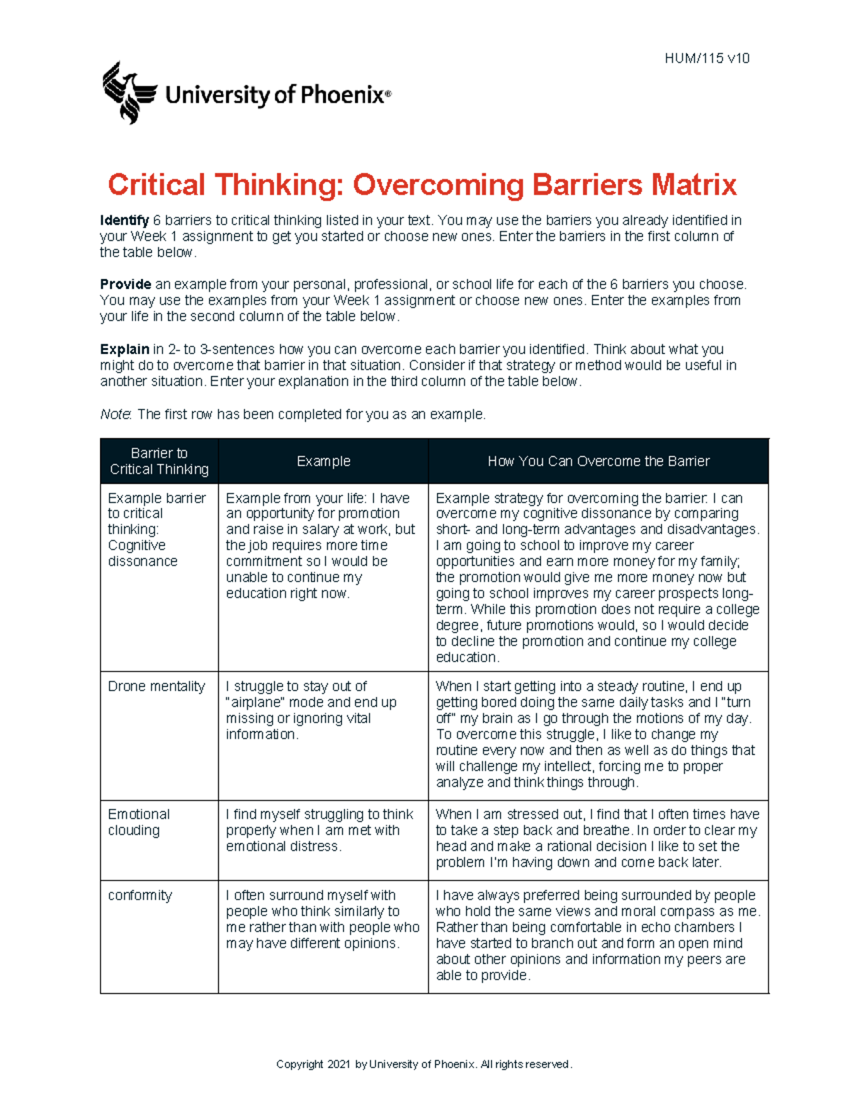 Hum115 v10 wk3 critical thinking overcoming barriers matrix - HUM/115 v ...