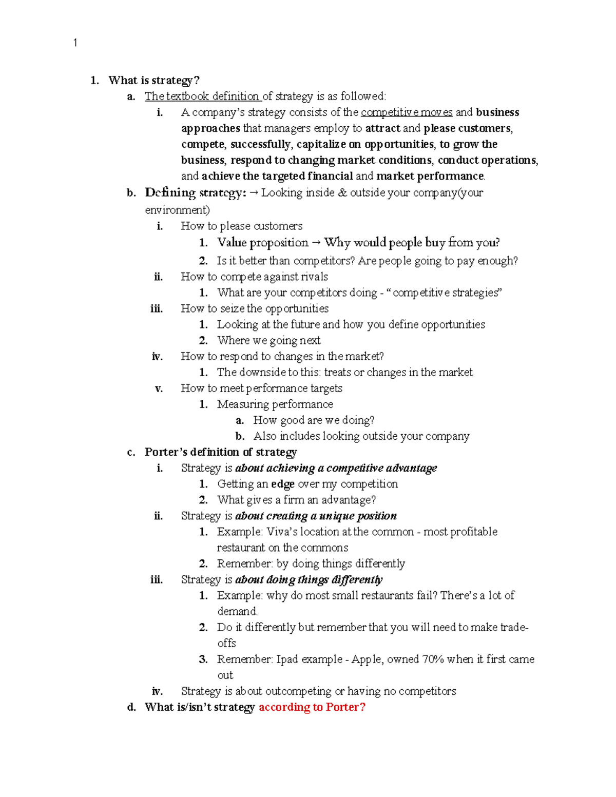 Midterm Exam Study Guide - 1 1. What is strategy? a. The textbook ...