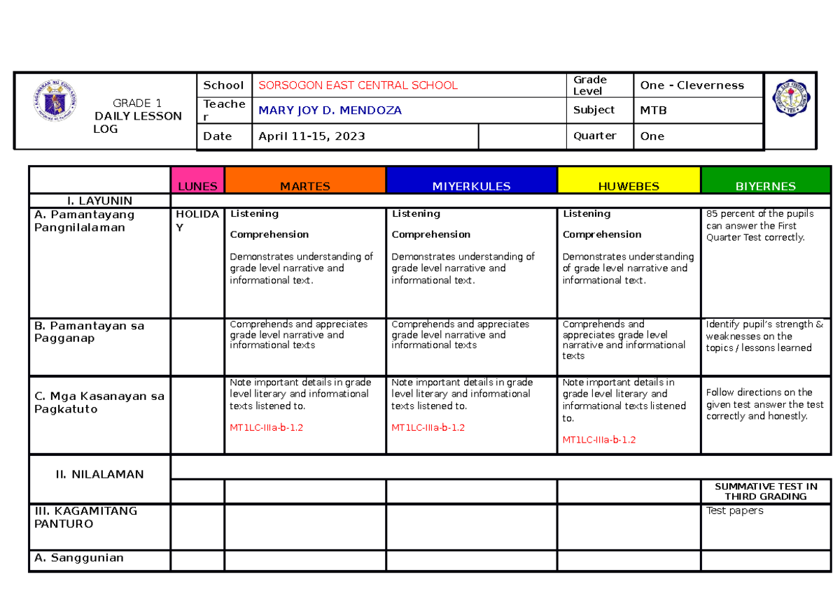 MTB Third Quarter WEEK 3 - GRADE 1 DAILY LESSON LOG School SORSOGON ...