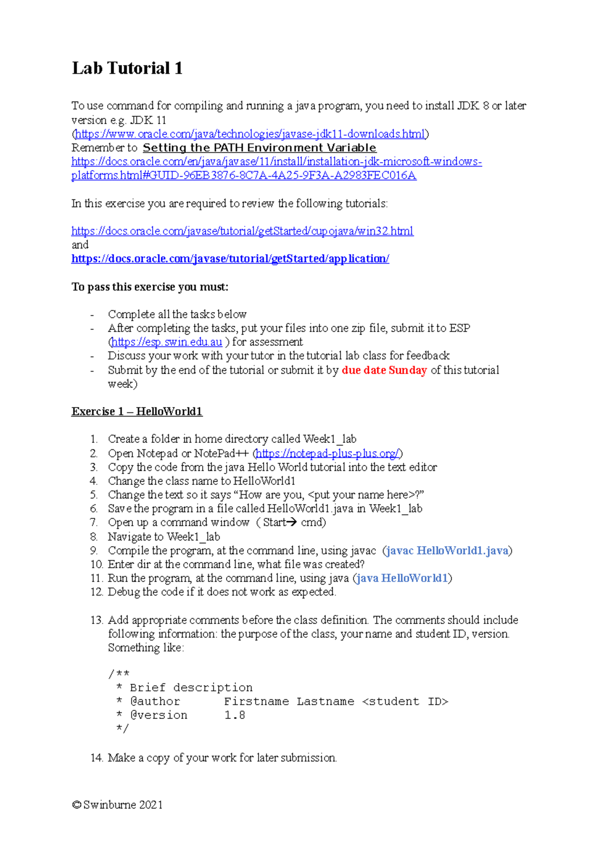 Lab Tutorial 1 week 01 - Lab Tutorial 1 To use command for compiling ...
