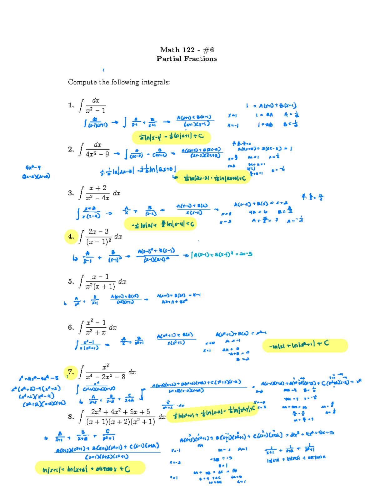 06frac - mpod work - Math 122 - Partial Fractions Compute the following ...