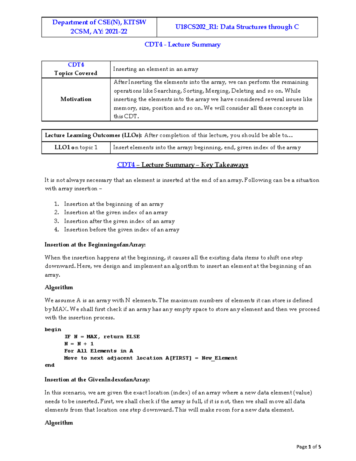 DSCDT4Summary inserting an element in an array Department of CSE