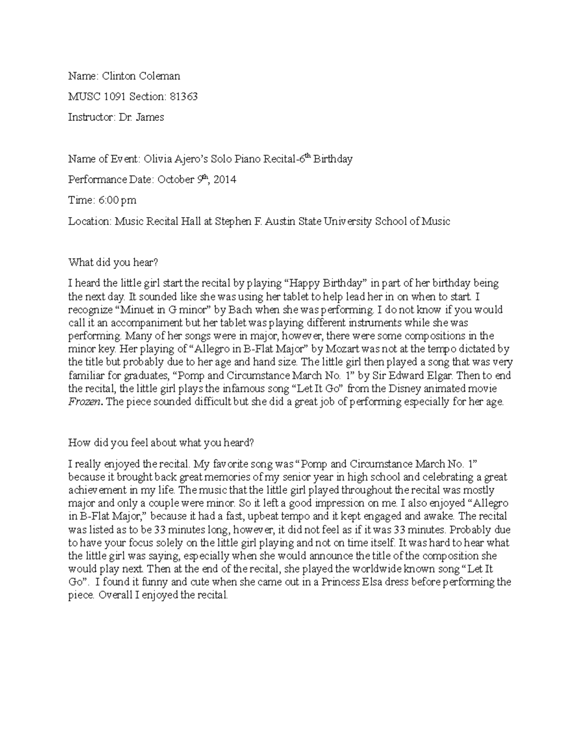 Music Report 1 - Name: Clinton Coleman MUSC 1091 Section: 81363 ...
